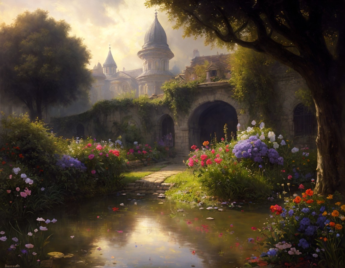 Tranquil garden with colorful flowers, stream, bridge, and castle in misty sunlight