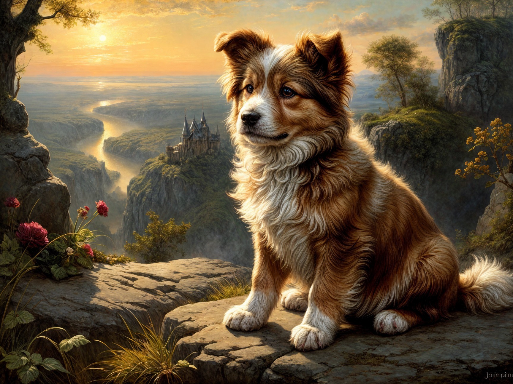 Fluffy Dog on Rocky Ledge Overlooking Scenic Valley