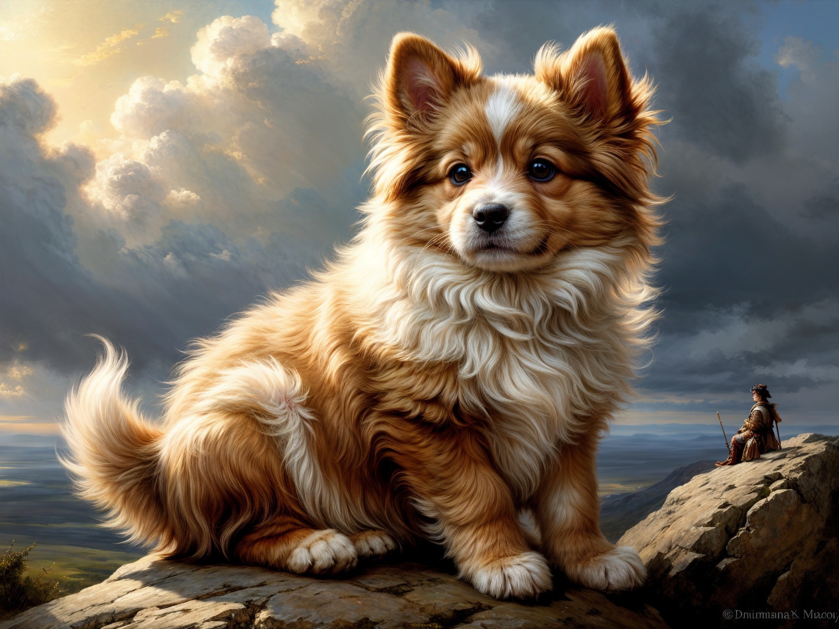 Golden-brown puppy on rocky ledge with dramatic sky