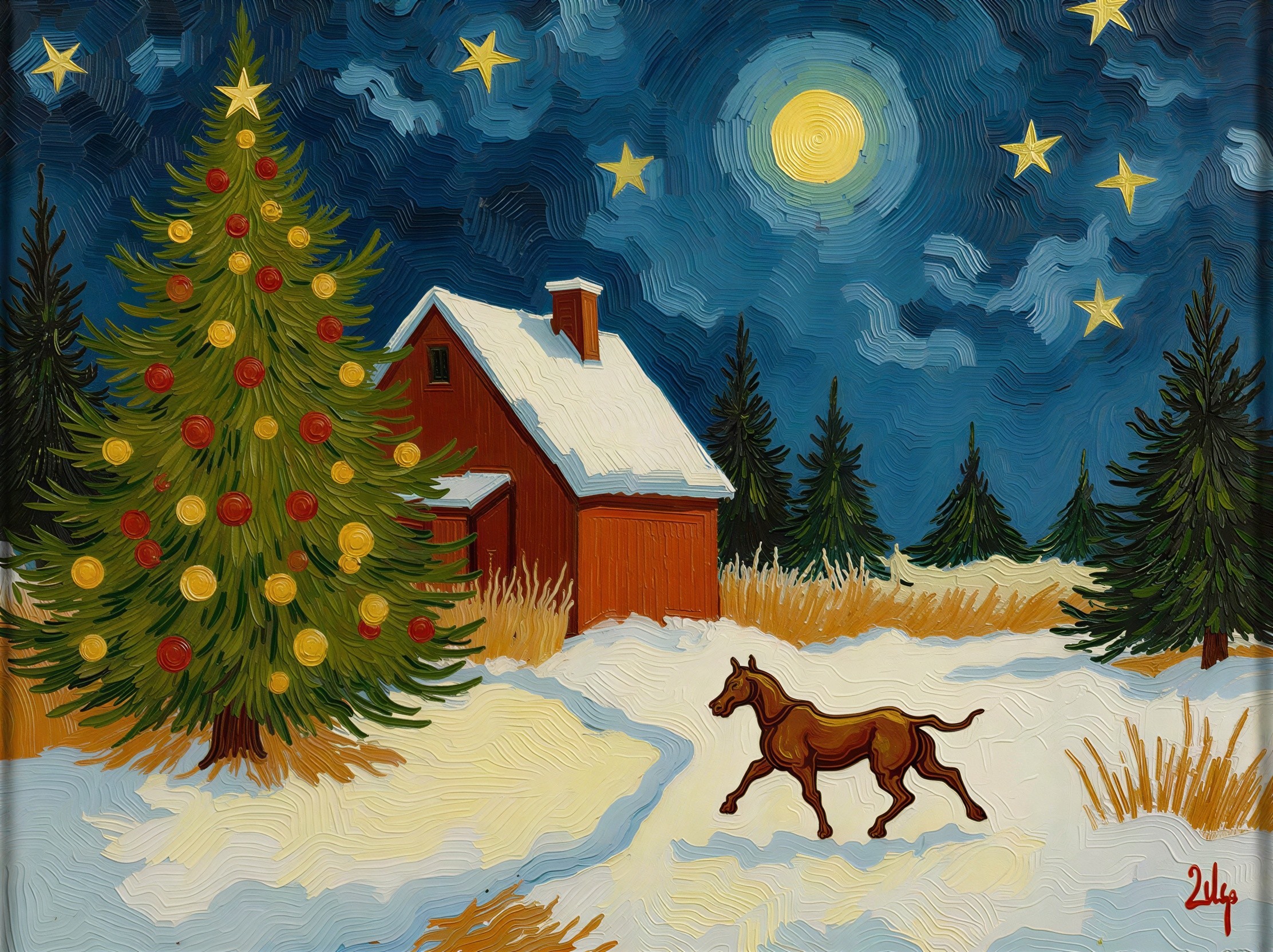 Impressionistic Christmas Eve Scene with Tree and House