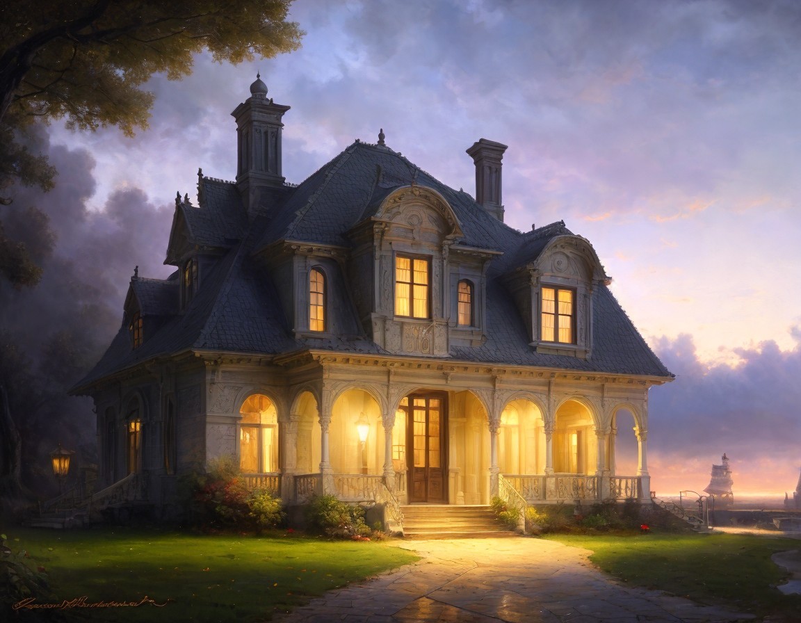 Grand mansion illuminated at dusk with detailed architecture and warm glowing windows