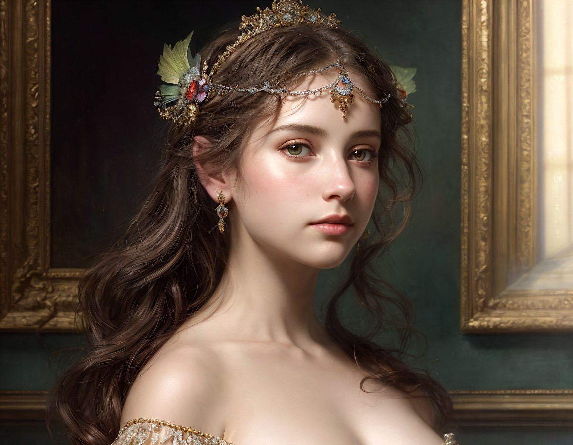Detailed portrait of young woman with jeweled headpiece and flowing gown against classical backdrop