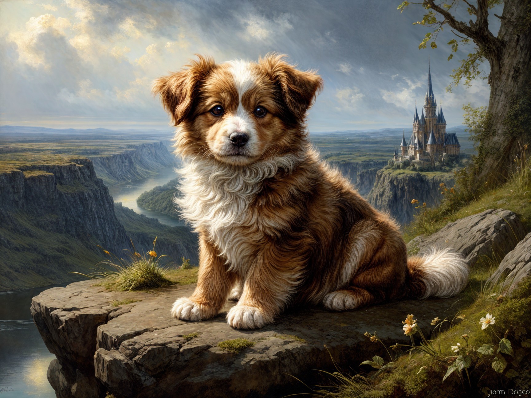 Fluffy Dog on Rocky Ledge Overlooking Scenic Landscape