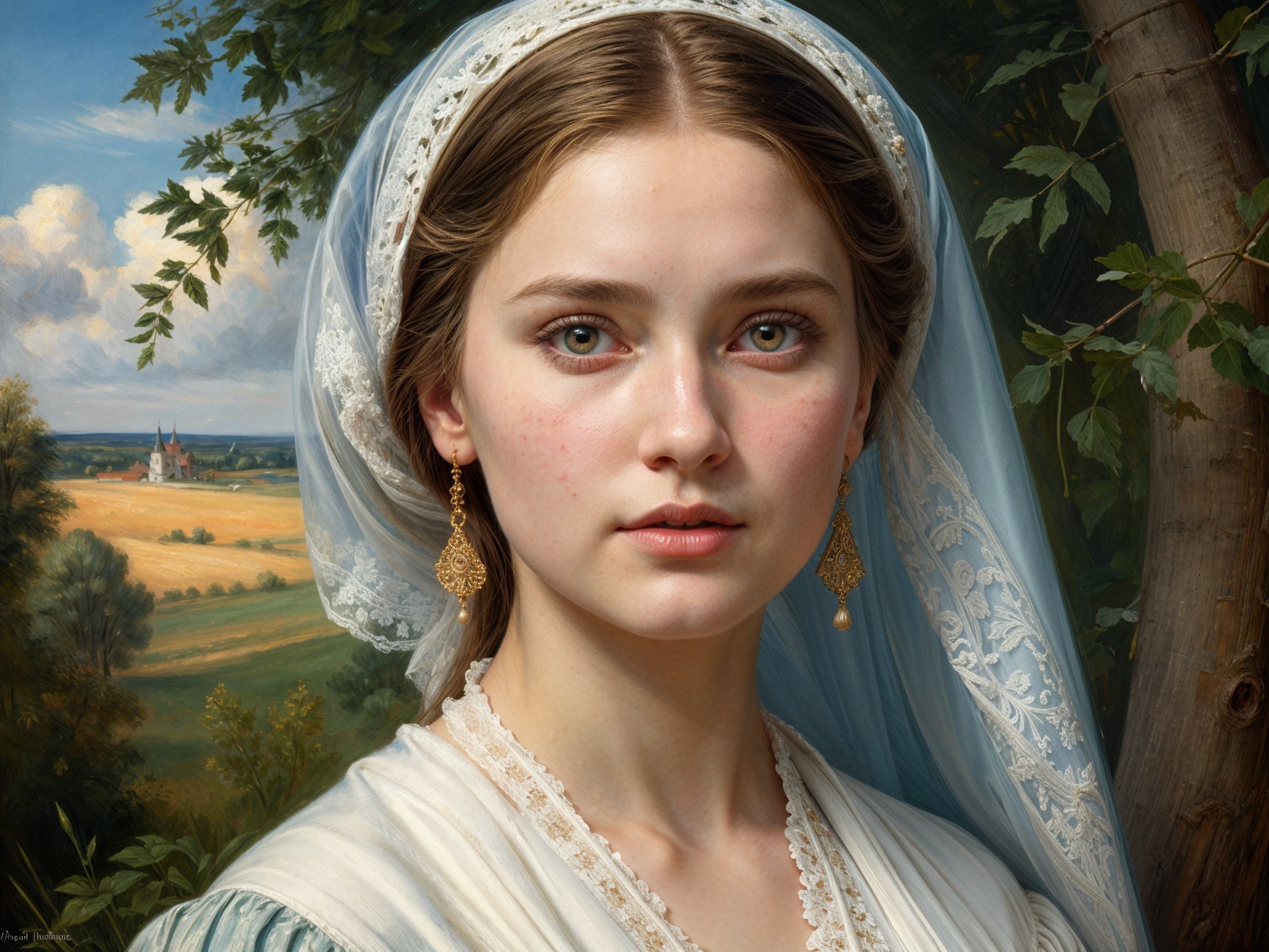 Portrait of a woman in a headscarf with landscape backdrop