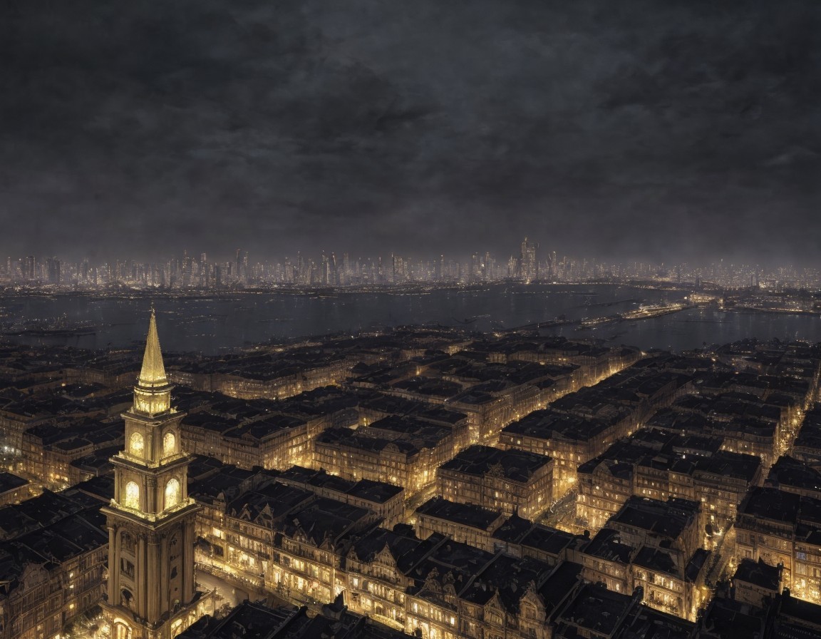 Cityscape with illuminated church tower at night