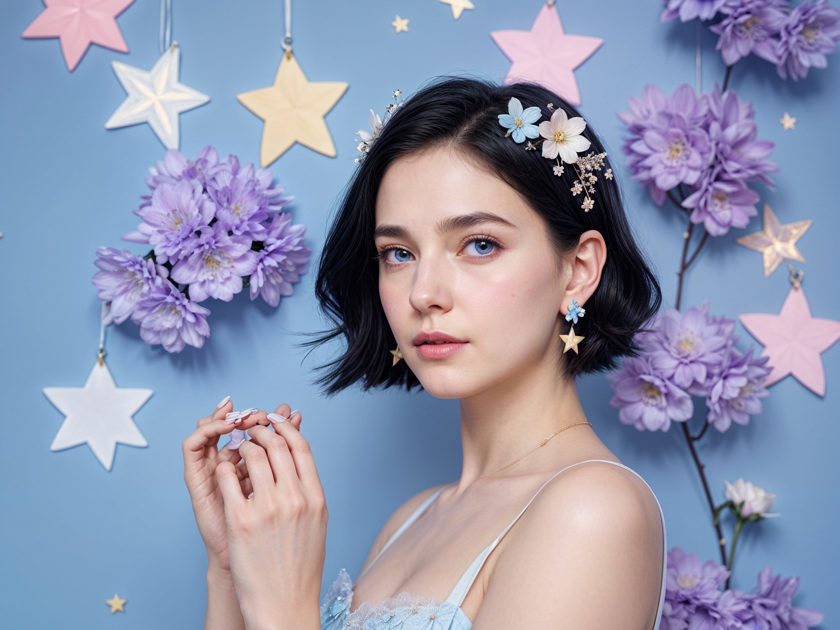 Young Woman with Bob Hairstyle and Floral Accents