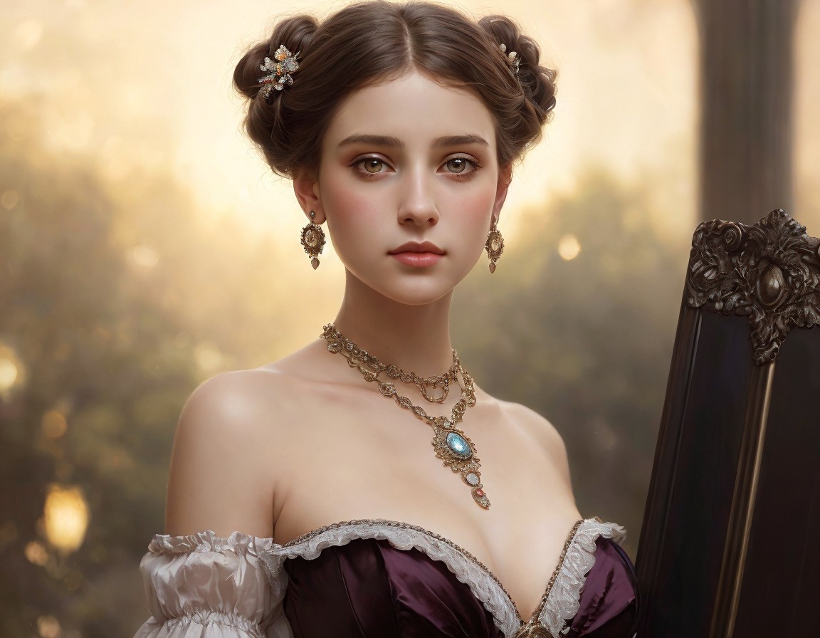 Young woman in vintage gown with serene expression