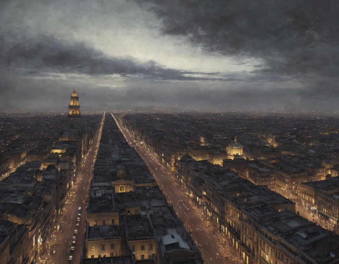 Cityscape at Dusk: Aerial View of Main Street Amidst Buildings & Cloudy Sky