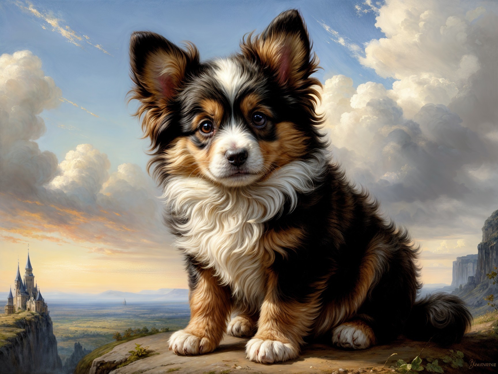 Tri-colored puppy on rocky outcrop at sunset landscape