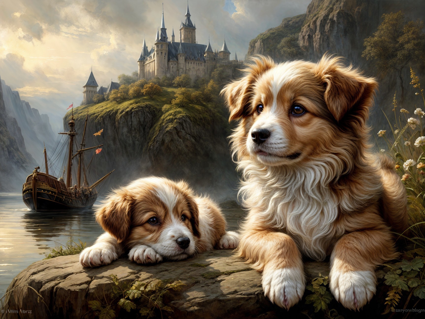 Puppies on Rocky Shore with Mountains and Castle