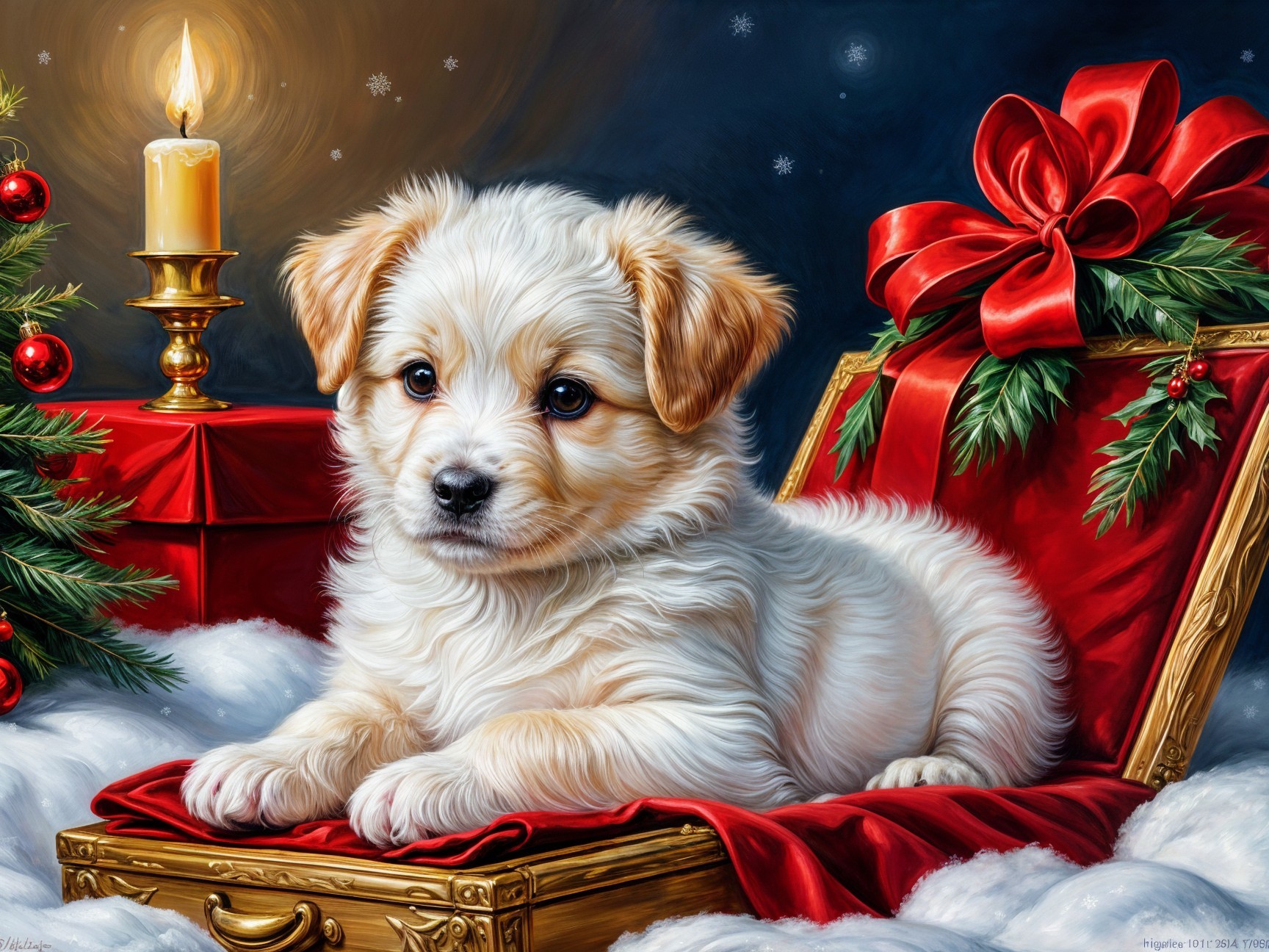 Fluffy Puppy on Plush Pillow in Festive Setting