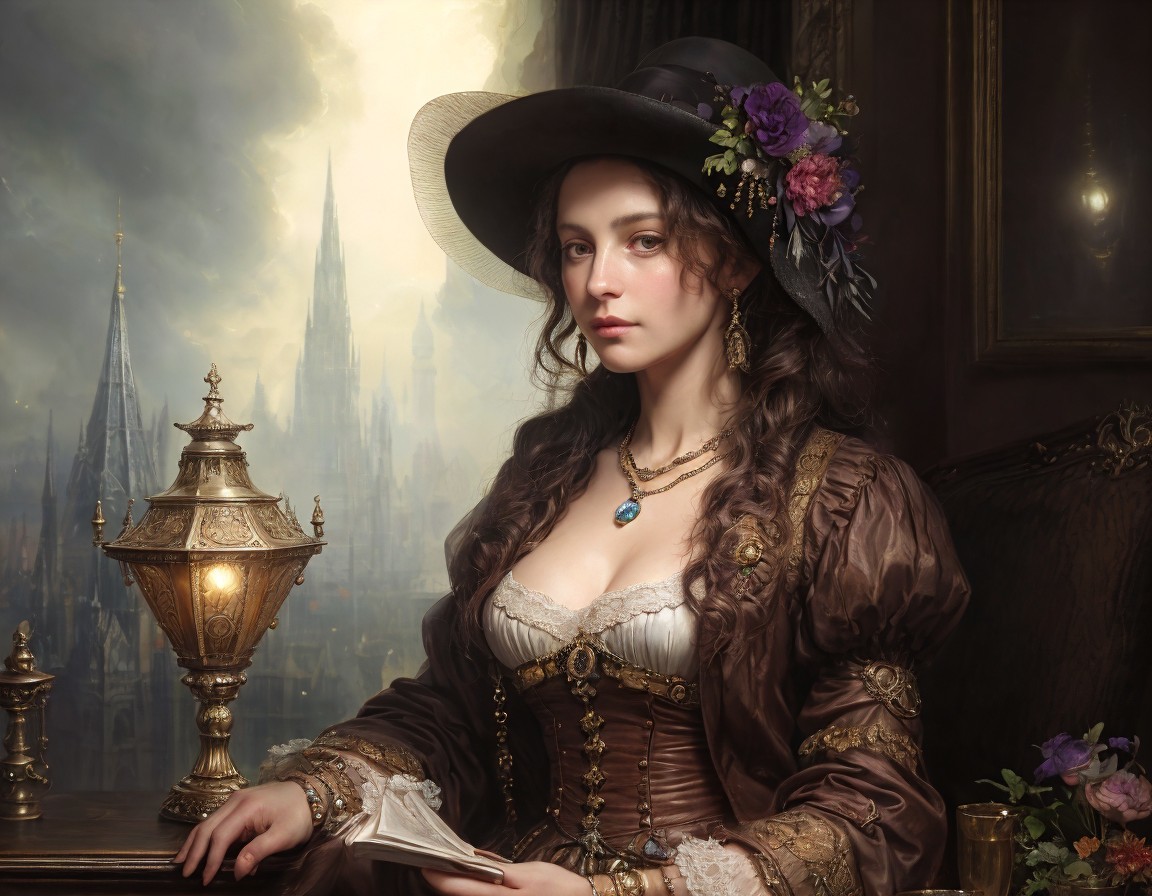 Woman in Historical Dress with Gothic Cityscape Background