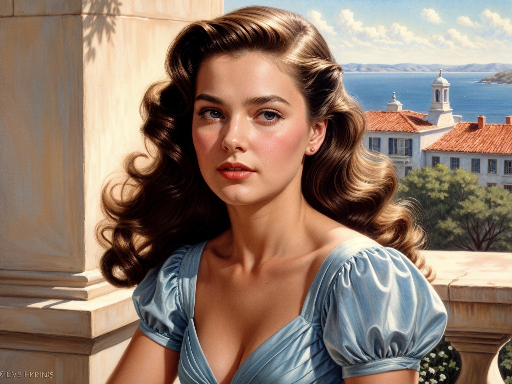 Young Woman in Elegant Blue Dress by Coastal Landscape