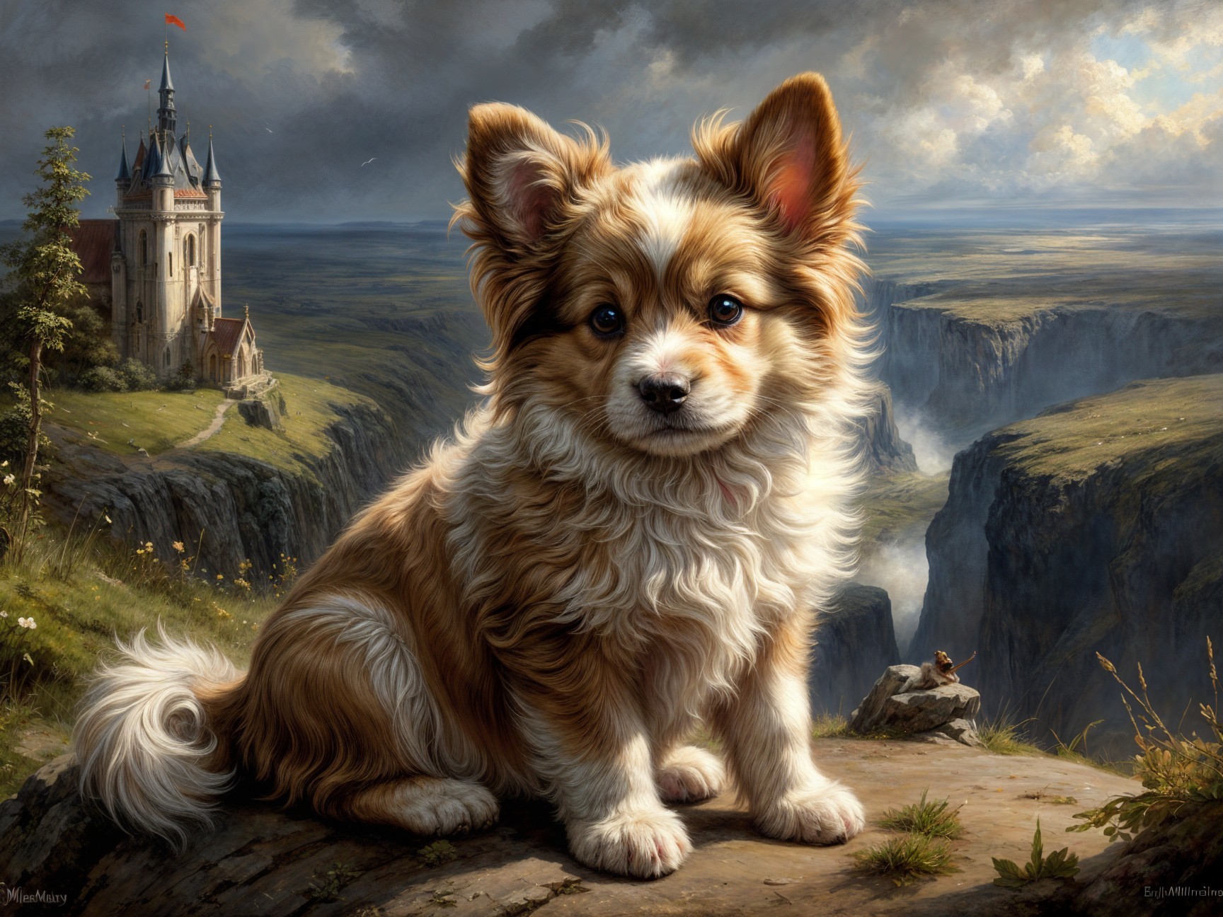 Fluffy Puppy on Rocky Ledge with Castle View