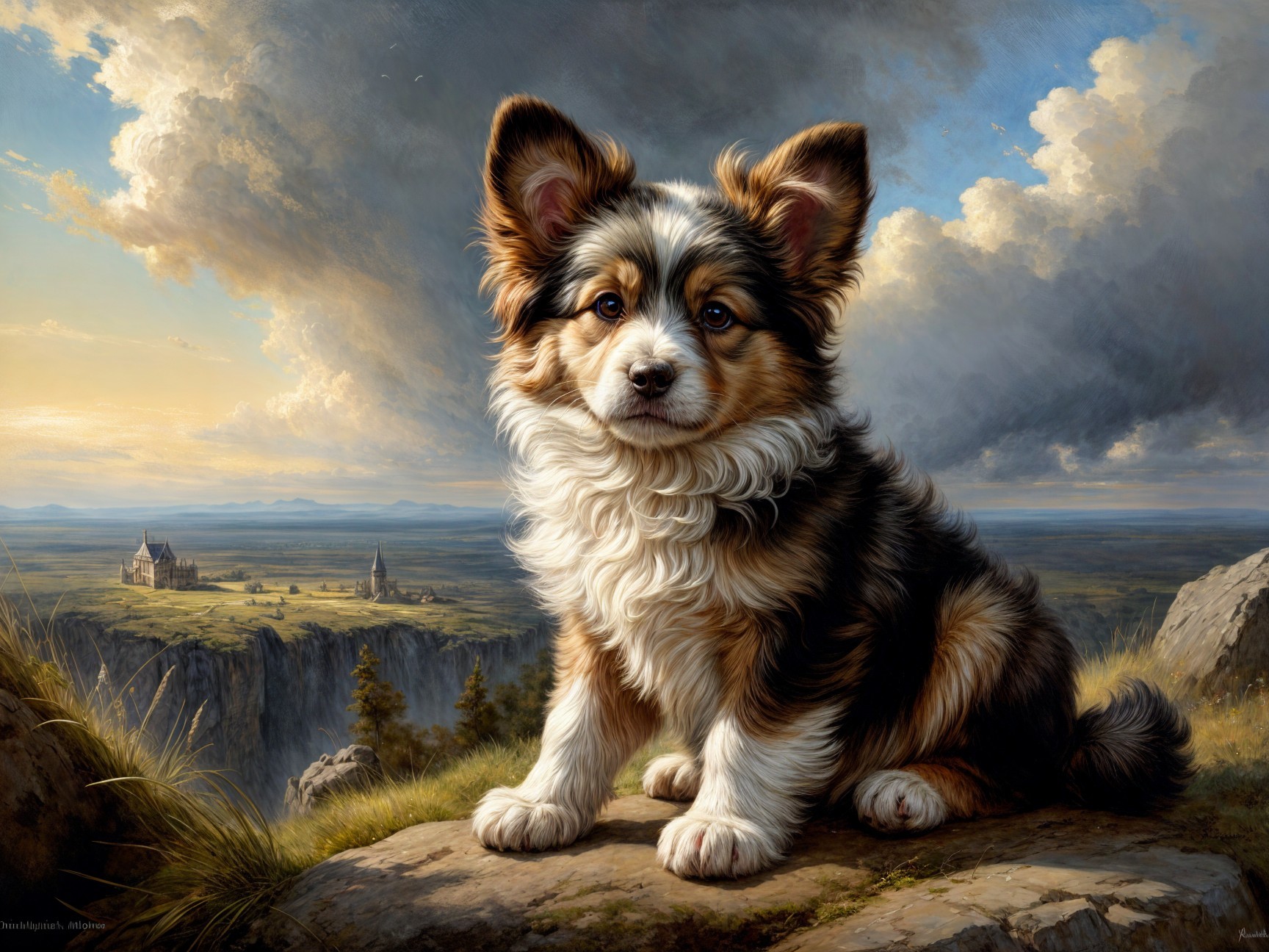 Corgi Puppy on Rocky Ledge with Dramatic Landscape