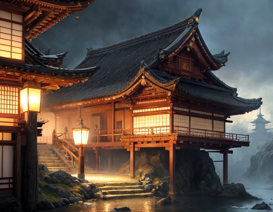 Traditional Japanese Architecture and Lantern-Lit Pathway