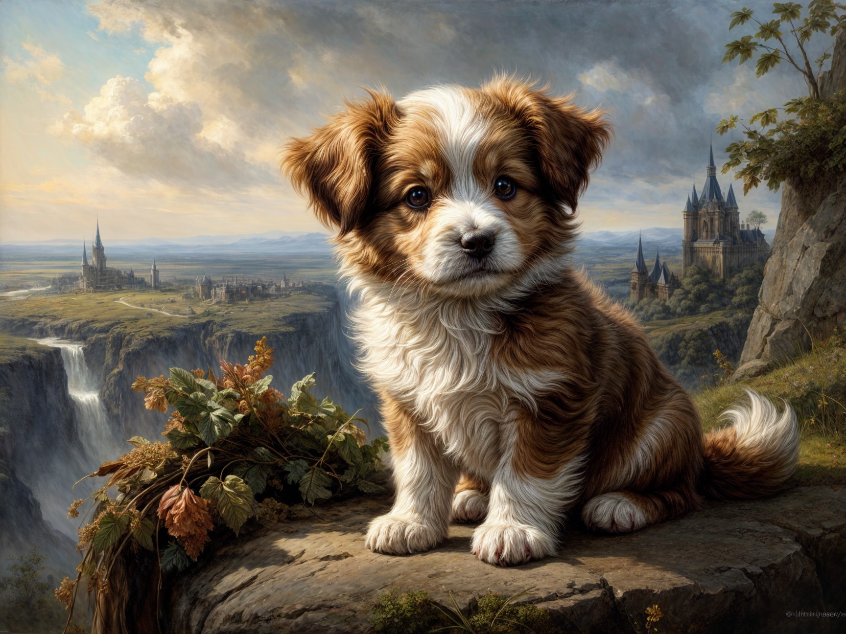 Fluffy Puppy on Rocky Ledge with Scenic Landscape