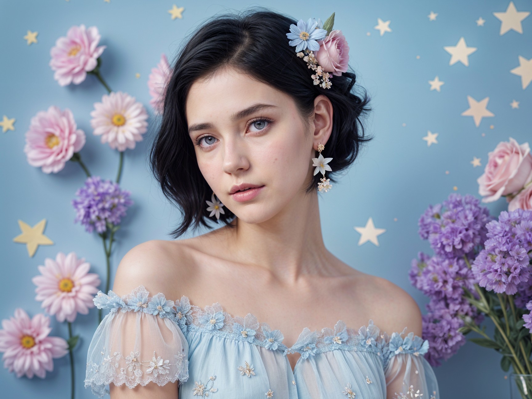 Young woman in floral dress with pastel flowers backdrop