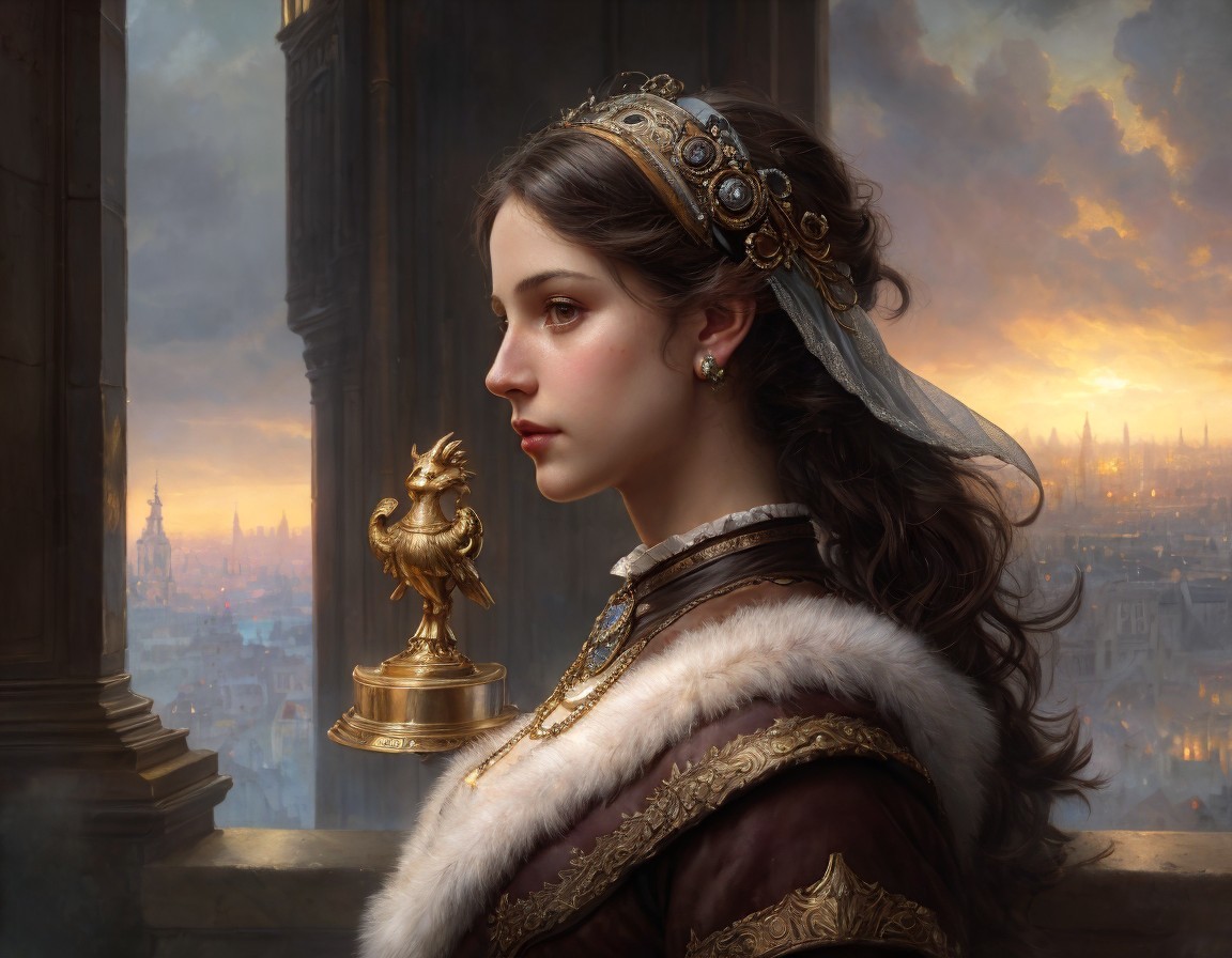 Regal woman with jeweled headpiece and fur-trimmed cloak in ancient city sunset.