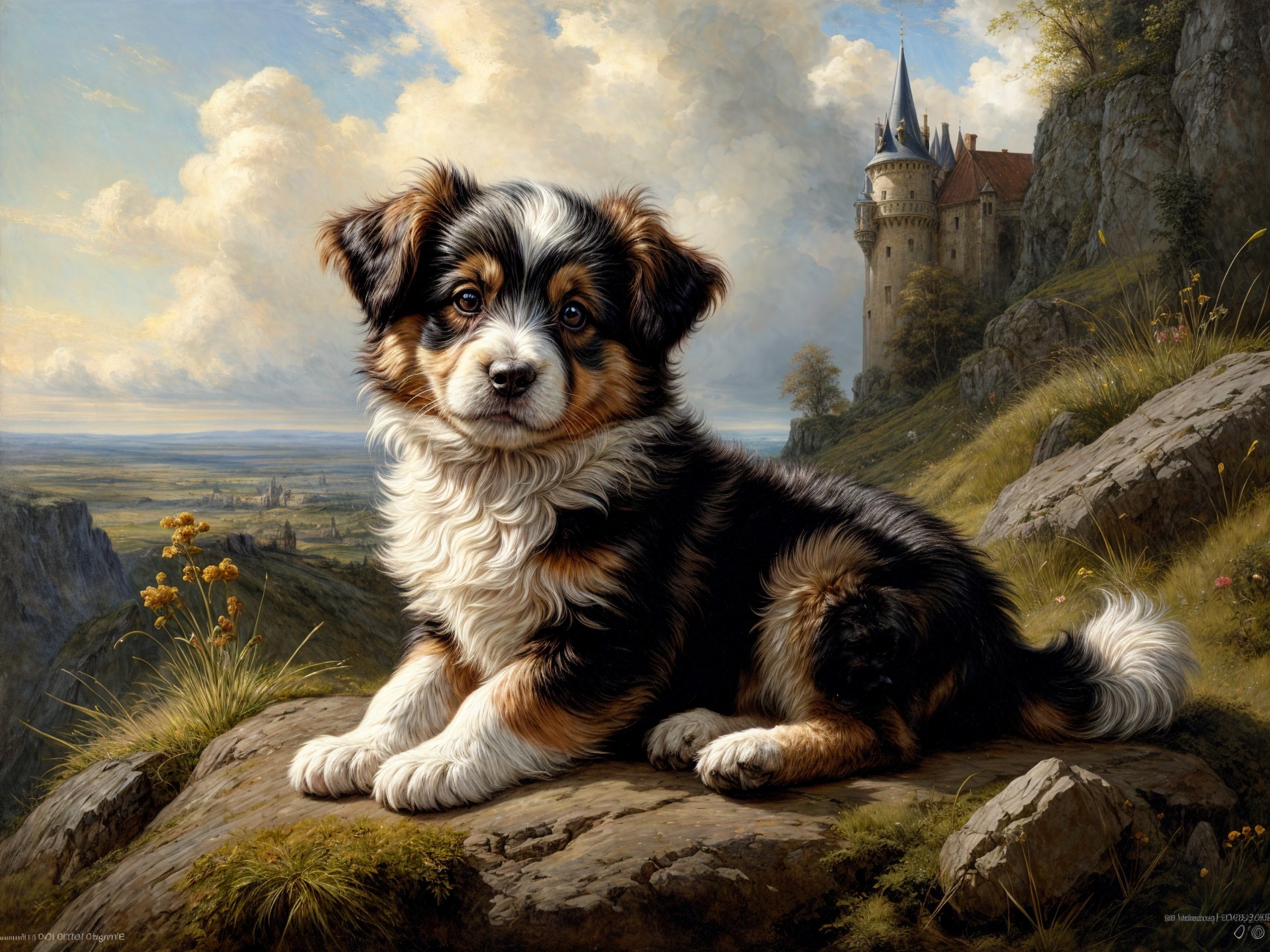 Tricolor Puppy on Rocky Outcrop with Scenic Landscape