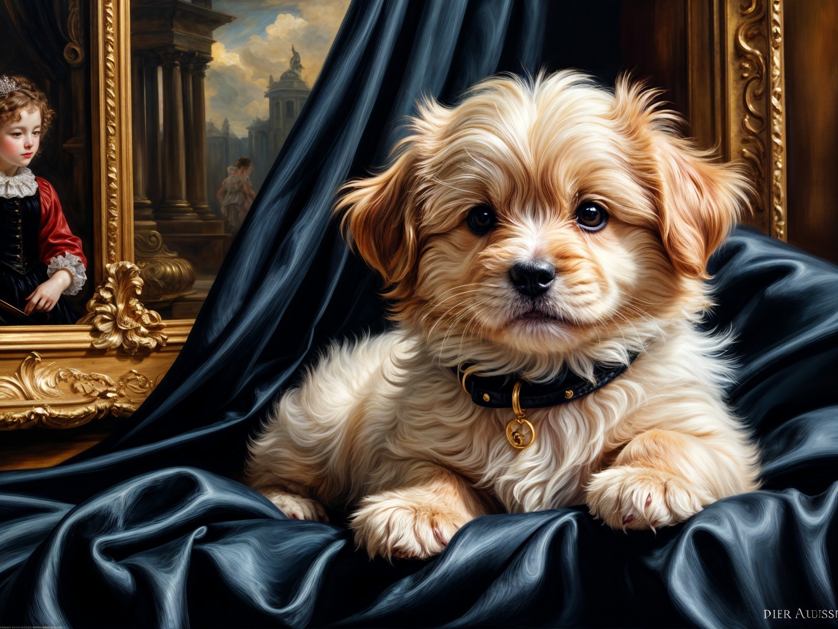 Fluffy golden-brown puppy on dark blue drape with art