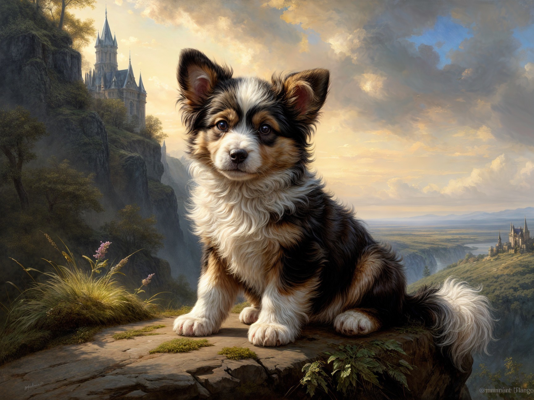 Fluffy Dog on Rocky Outcrop with Fantasy Landscape