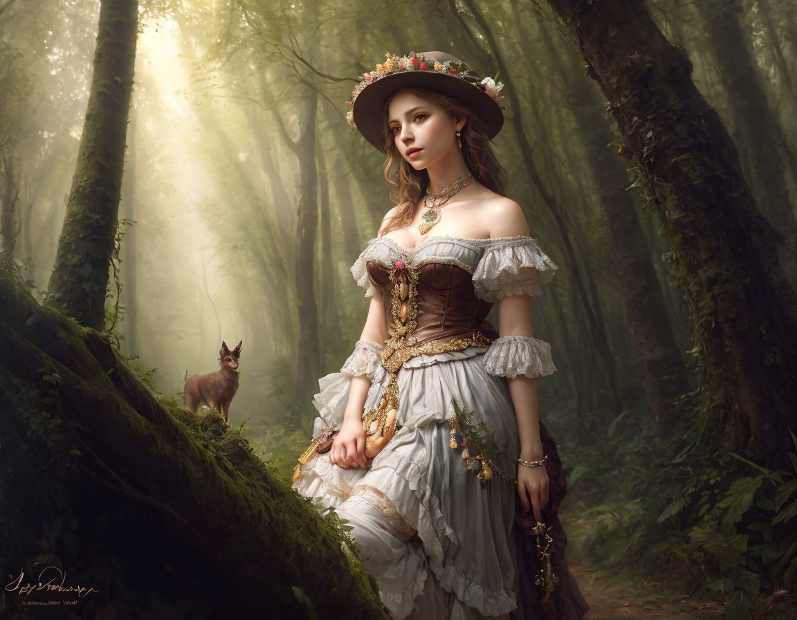 Woman in vintage dress and hat with cat in misty forest.