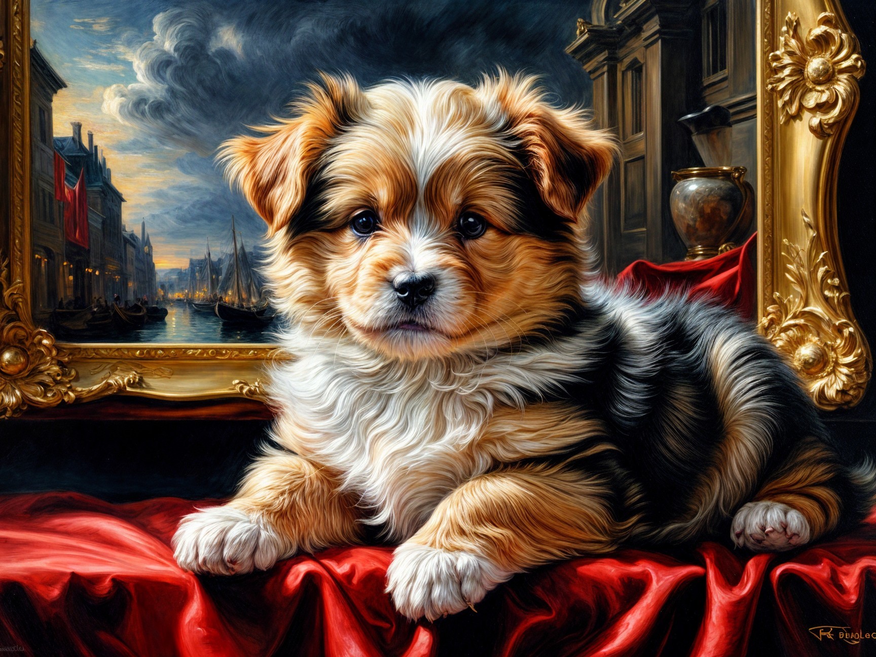 Puppy on Red Velvet with Nautical Painting Background