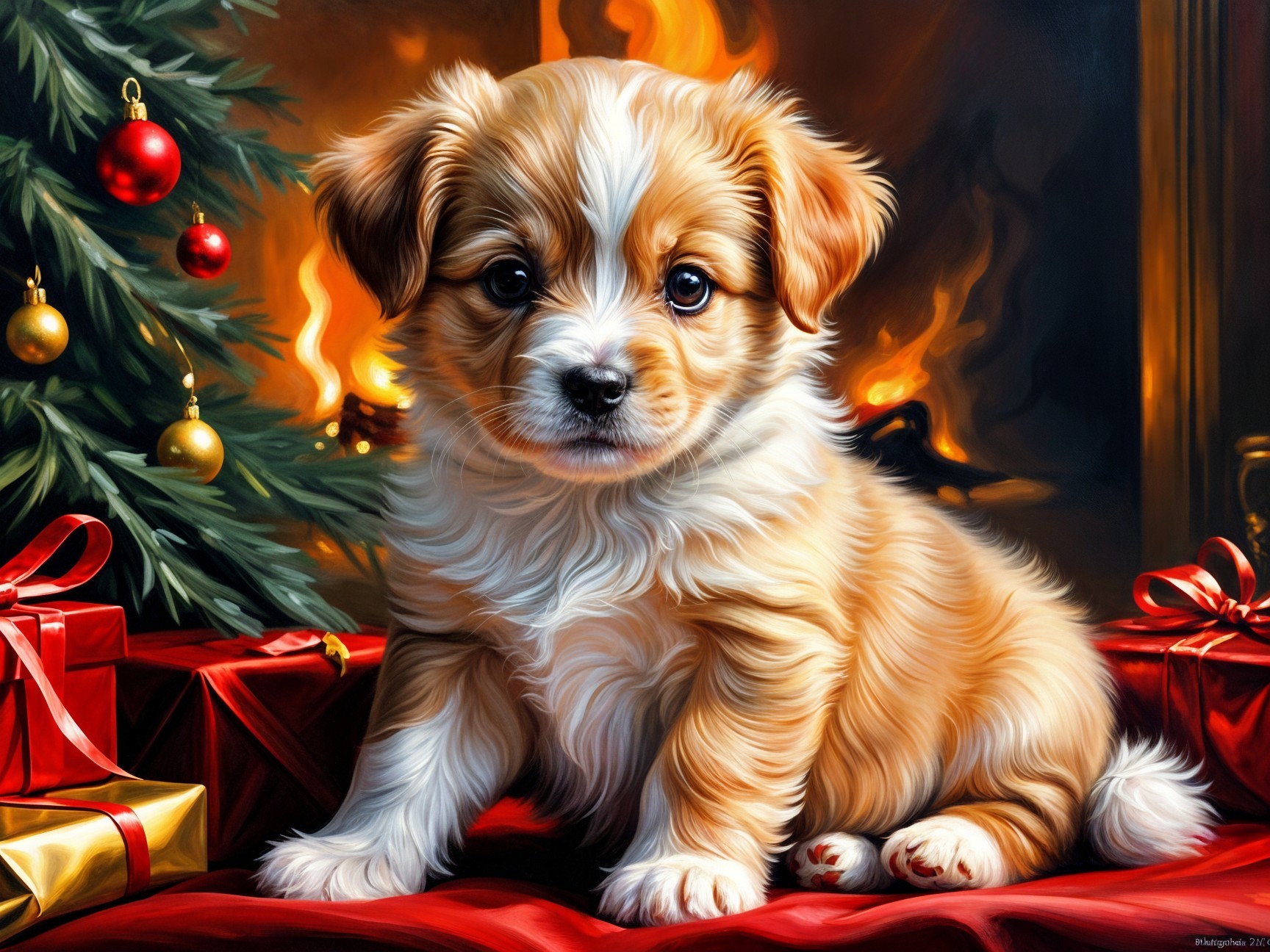 Fluffy Puppy Surrounded by Christmas Gifts and Decor