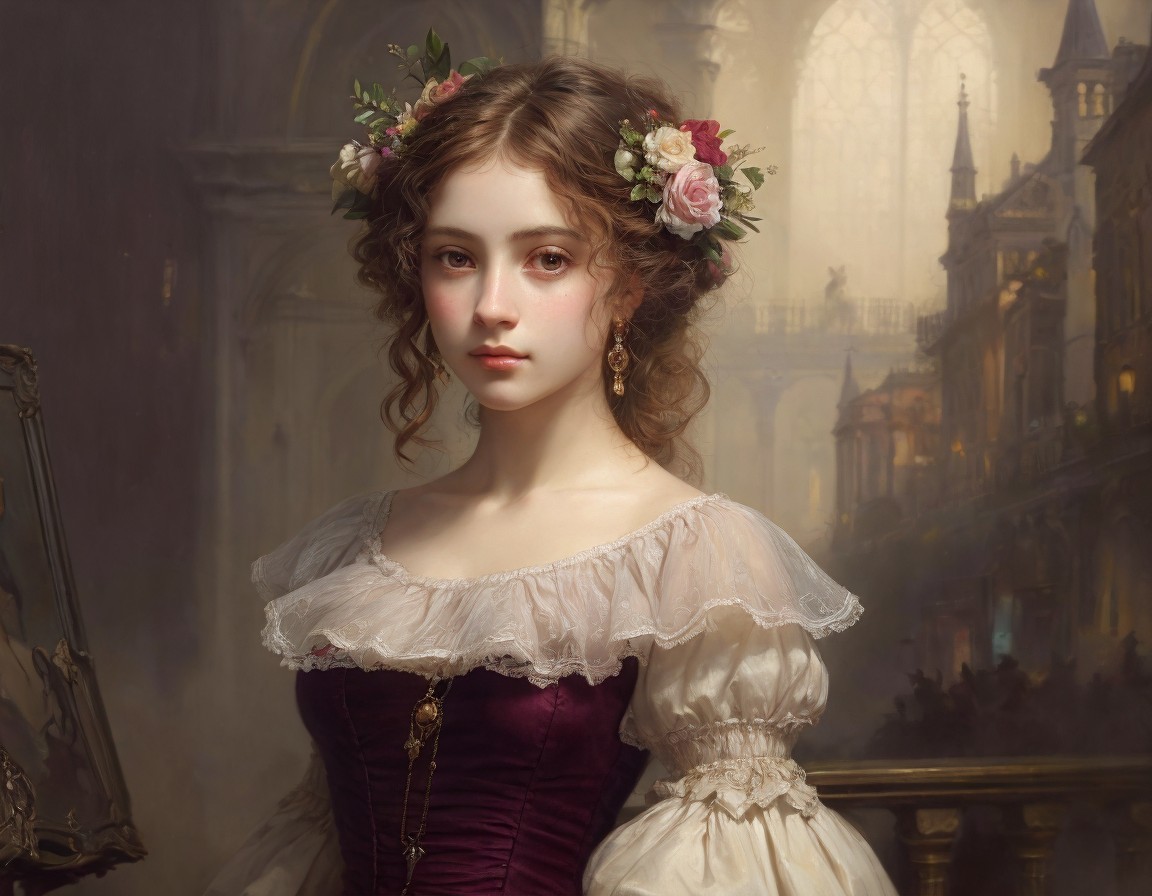 Portrait of a Young Woman in Period Dress with Wreath
