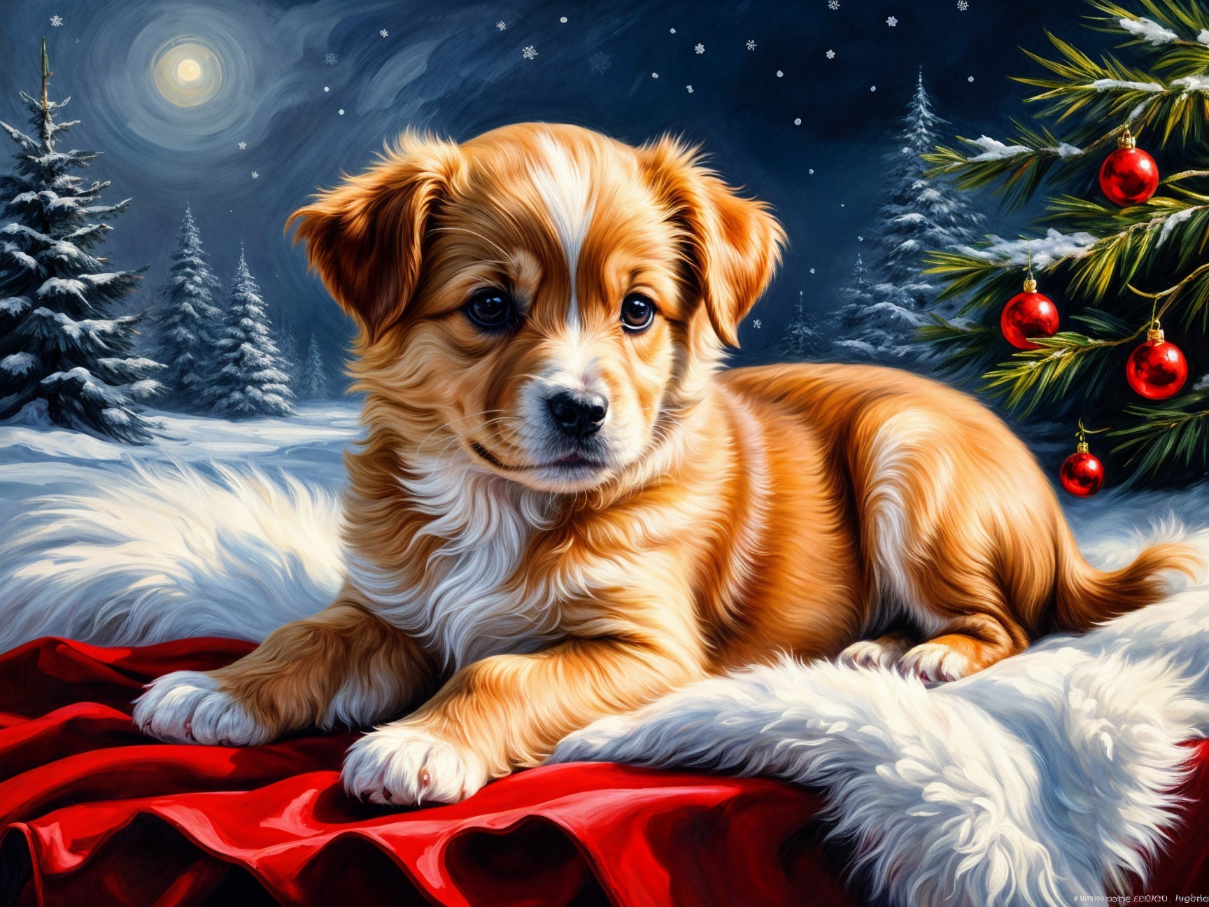 Golden puppy on red blanket in winter wonderland scene