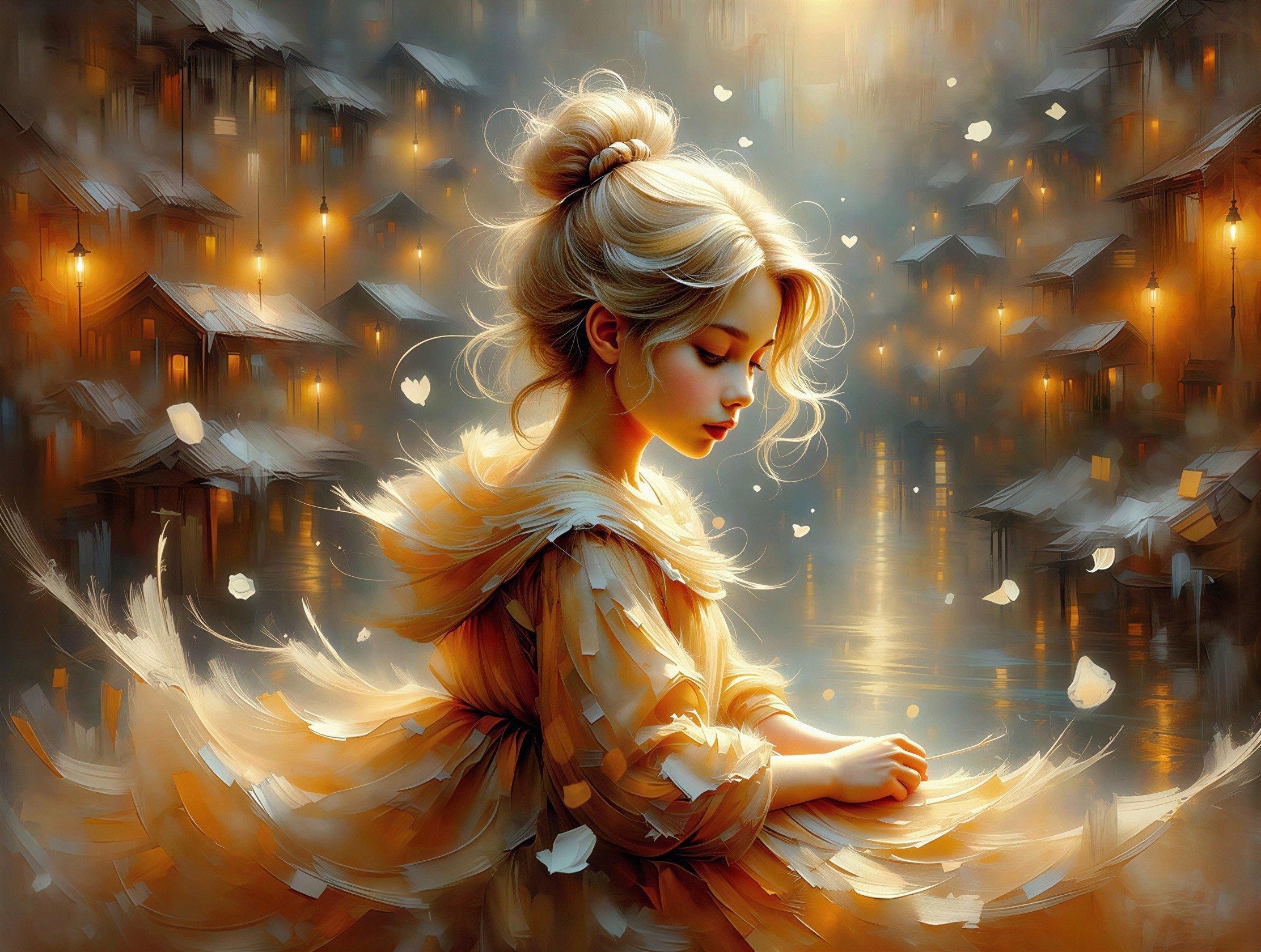 Digital painting of a girl in a golden gown in a village