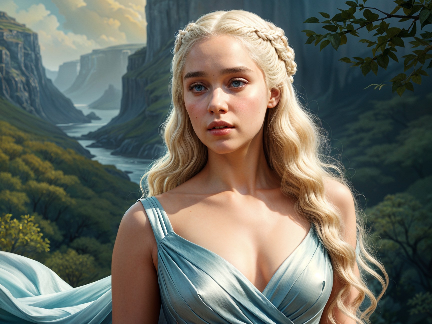 Young woman in silver gown against mystical landscape