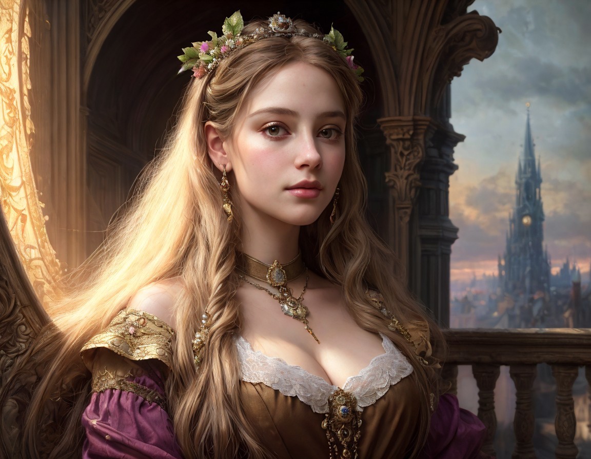 Regal Woman in Purple Dress with Gothic Backdrop