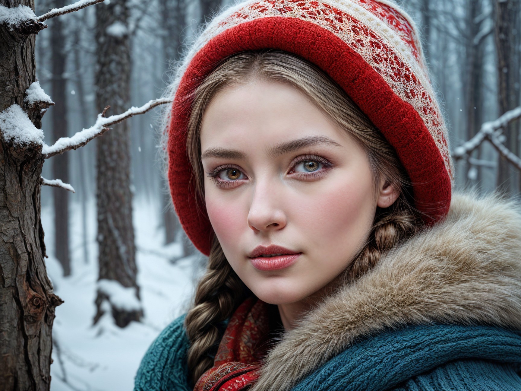 Young Woman in Snowy Forest with Red Hat and Coat