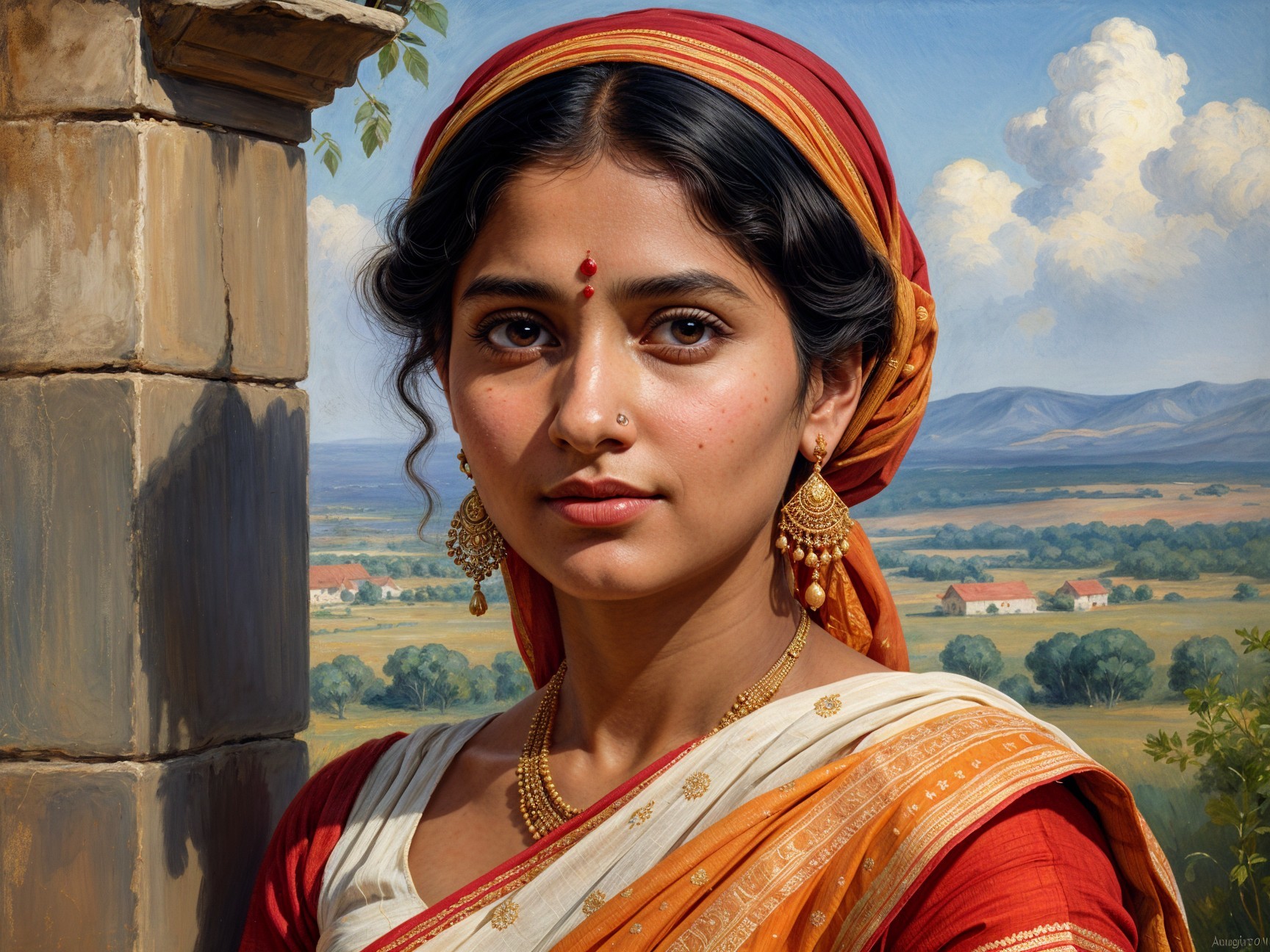 Young Woman in Traditional Saree Against Scenic Landscape