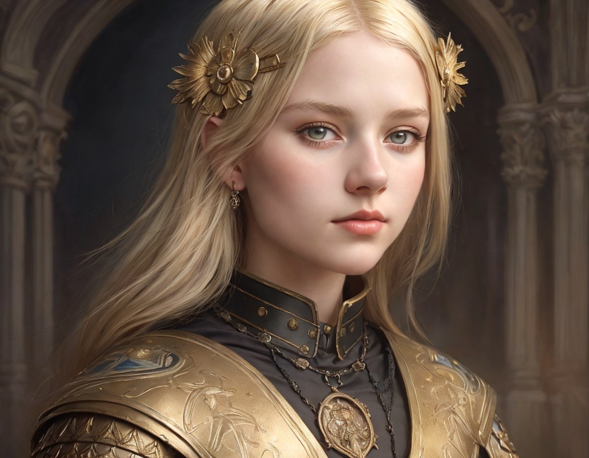 Young Woman in Medieval-Inspired Outfit with Gold Details