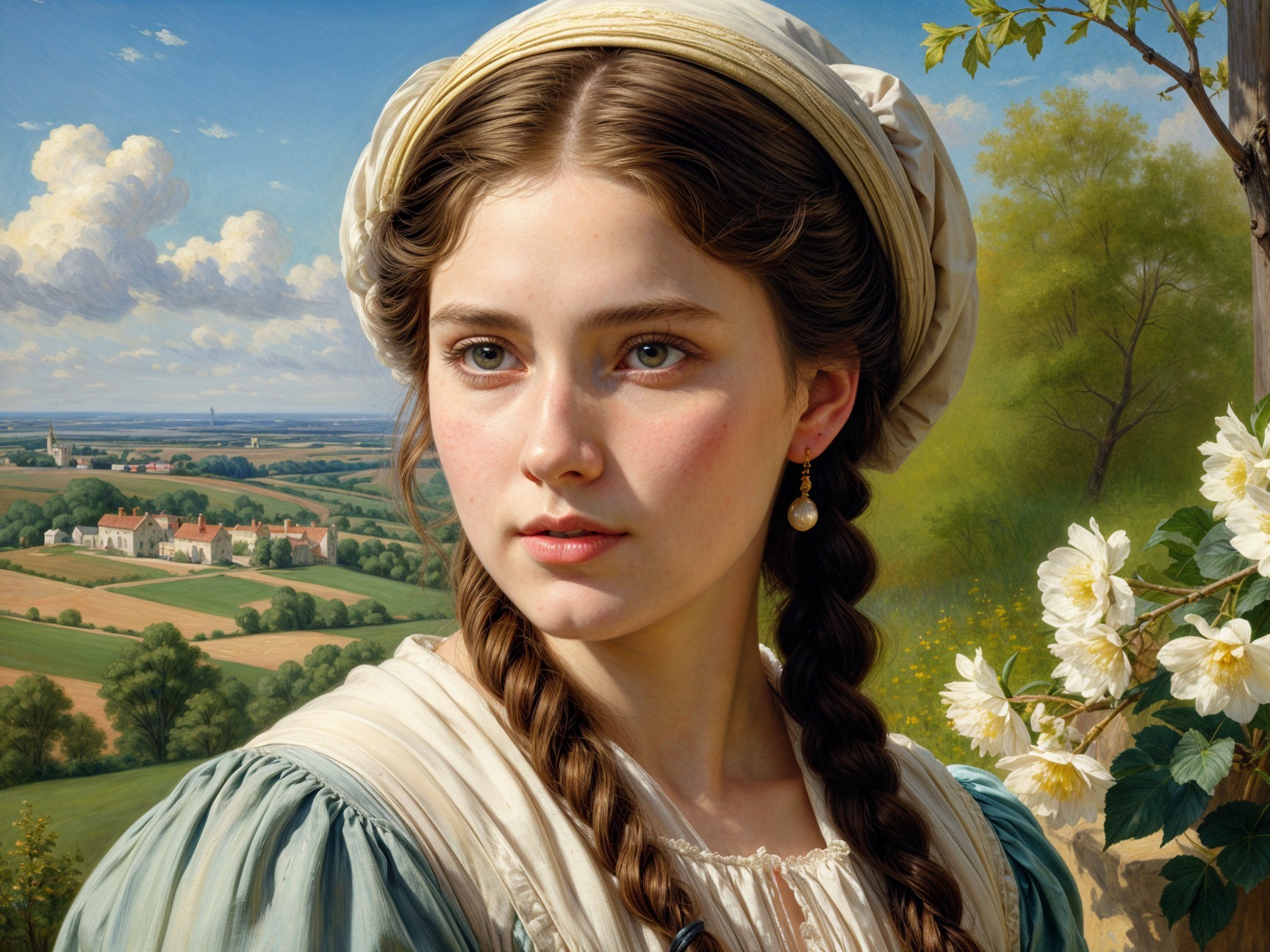Portrait of a Girl in a Soft Dress with Scenic Background