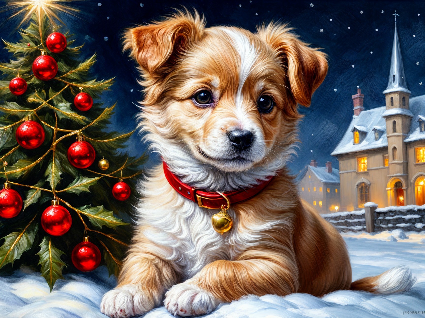 Puppy in Snowy Landscape with Christmas Tree and Village