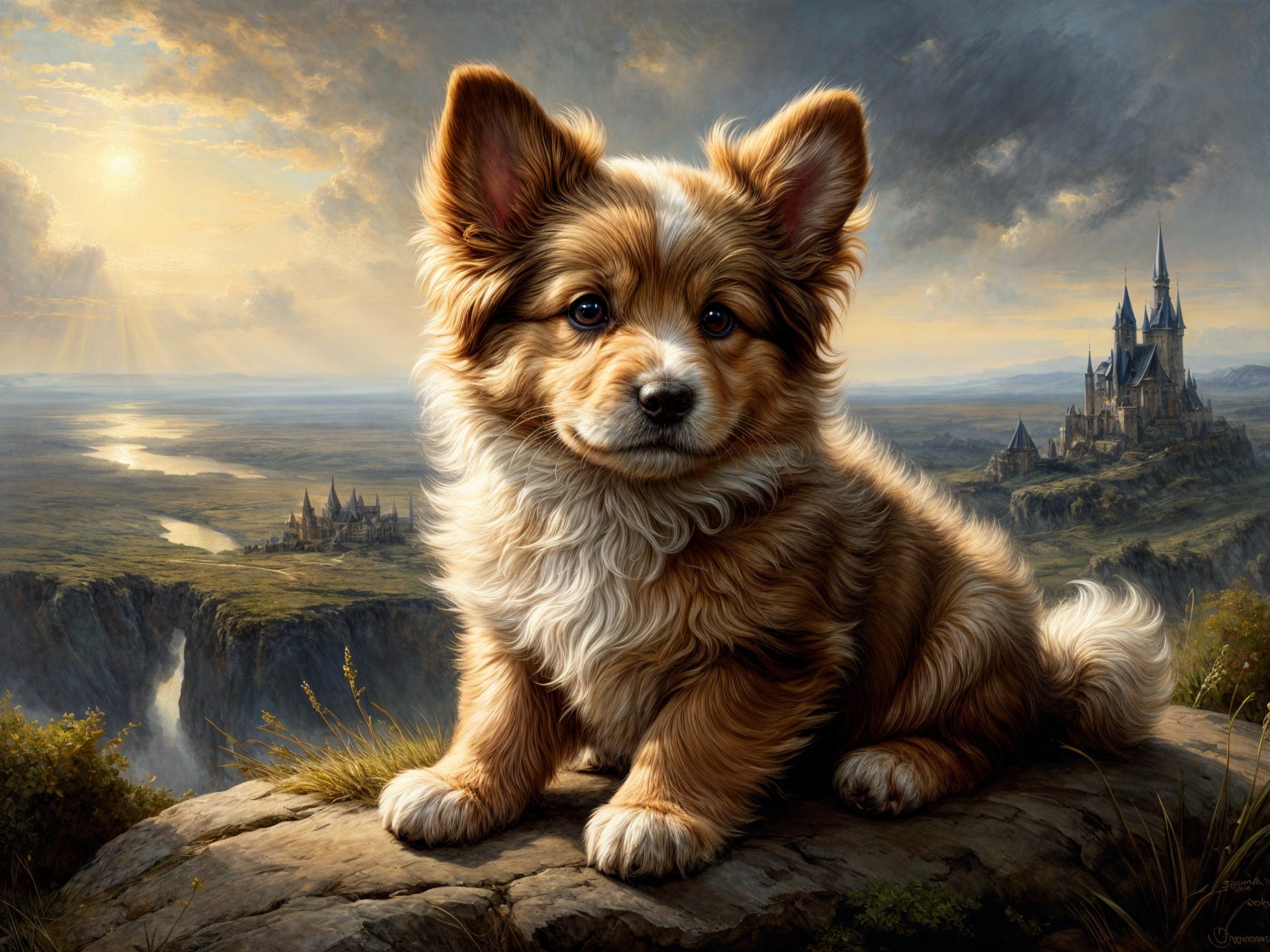 Fluffy Dog on Rocky Outcrop with Castle Background