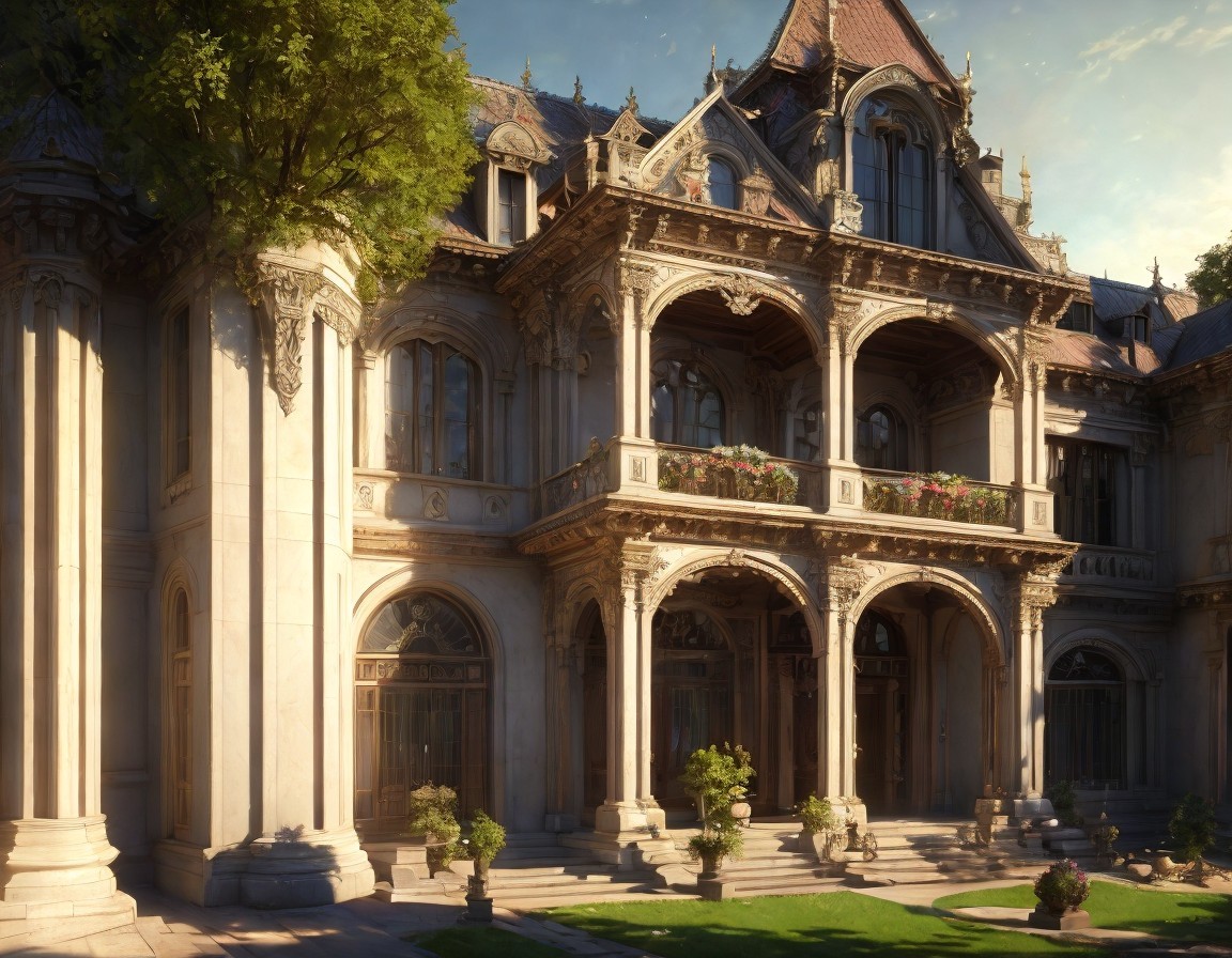 Opulent mansion with intricate architecture and gardens