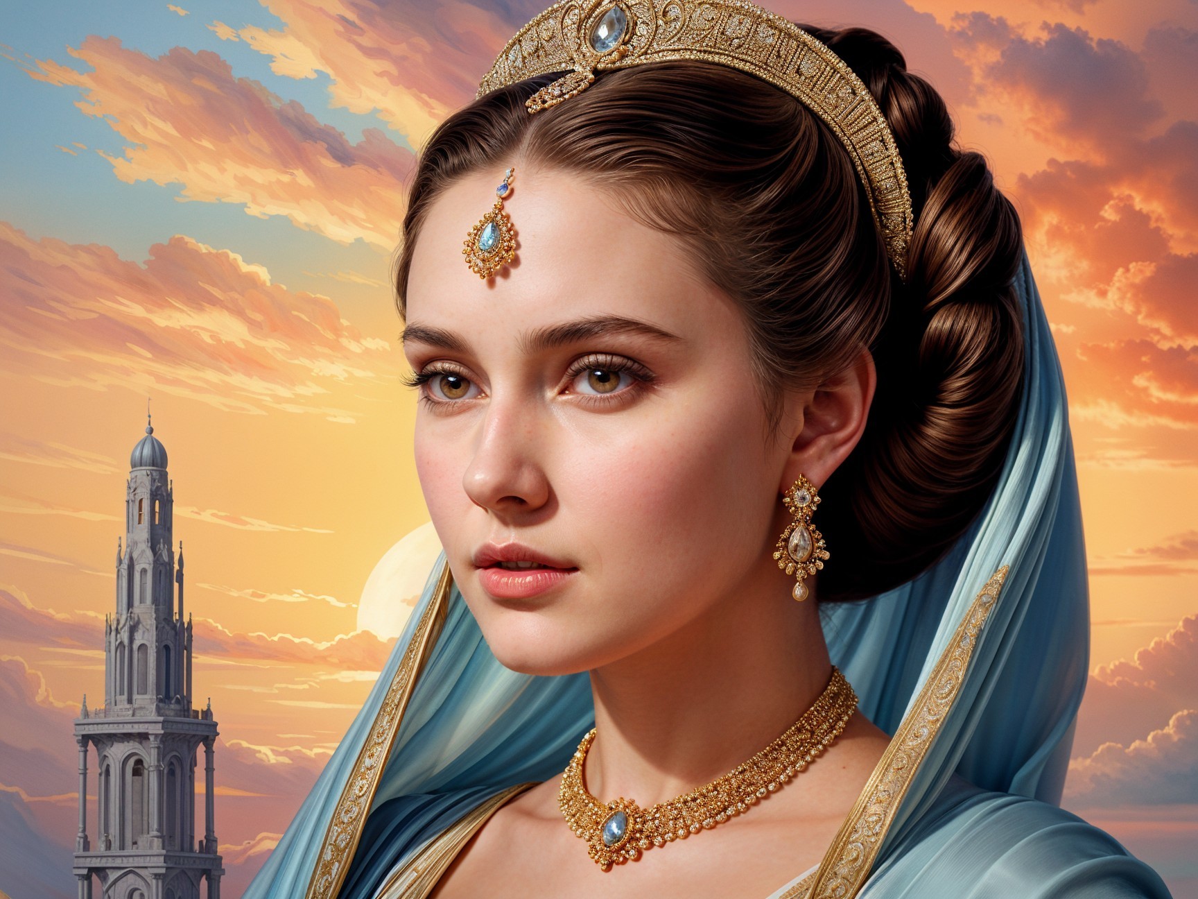 Young Woman in Regal Outfit Against Vibrant Sunset