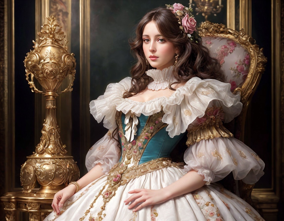 Elaborate historical dress with ruffles and gold accents on seated woman