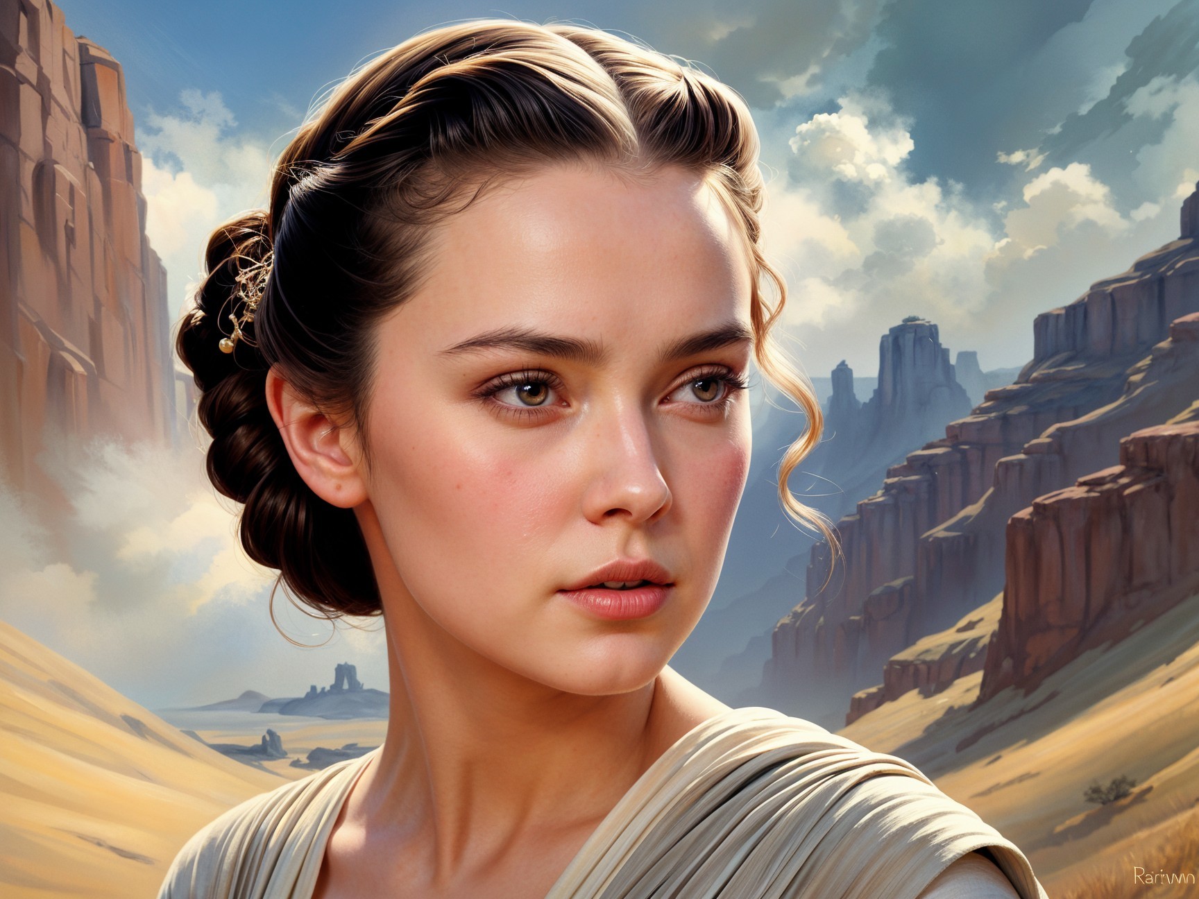 Young woman in elegant updo against scenic landscape