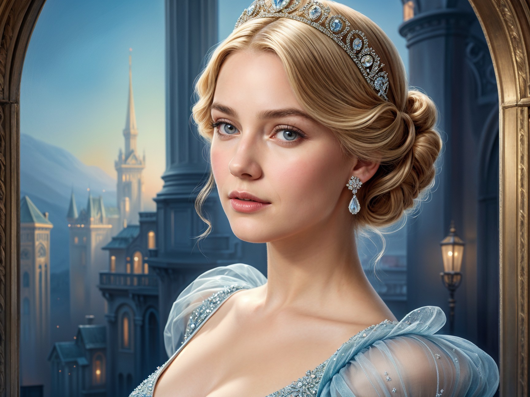 Elegant Woman in Blue Gown with Castle Backdrop