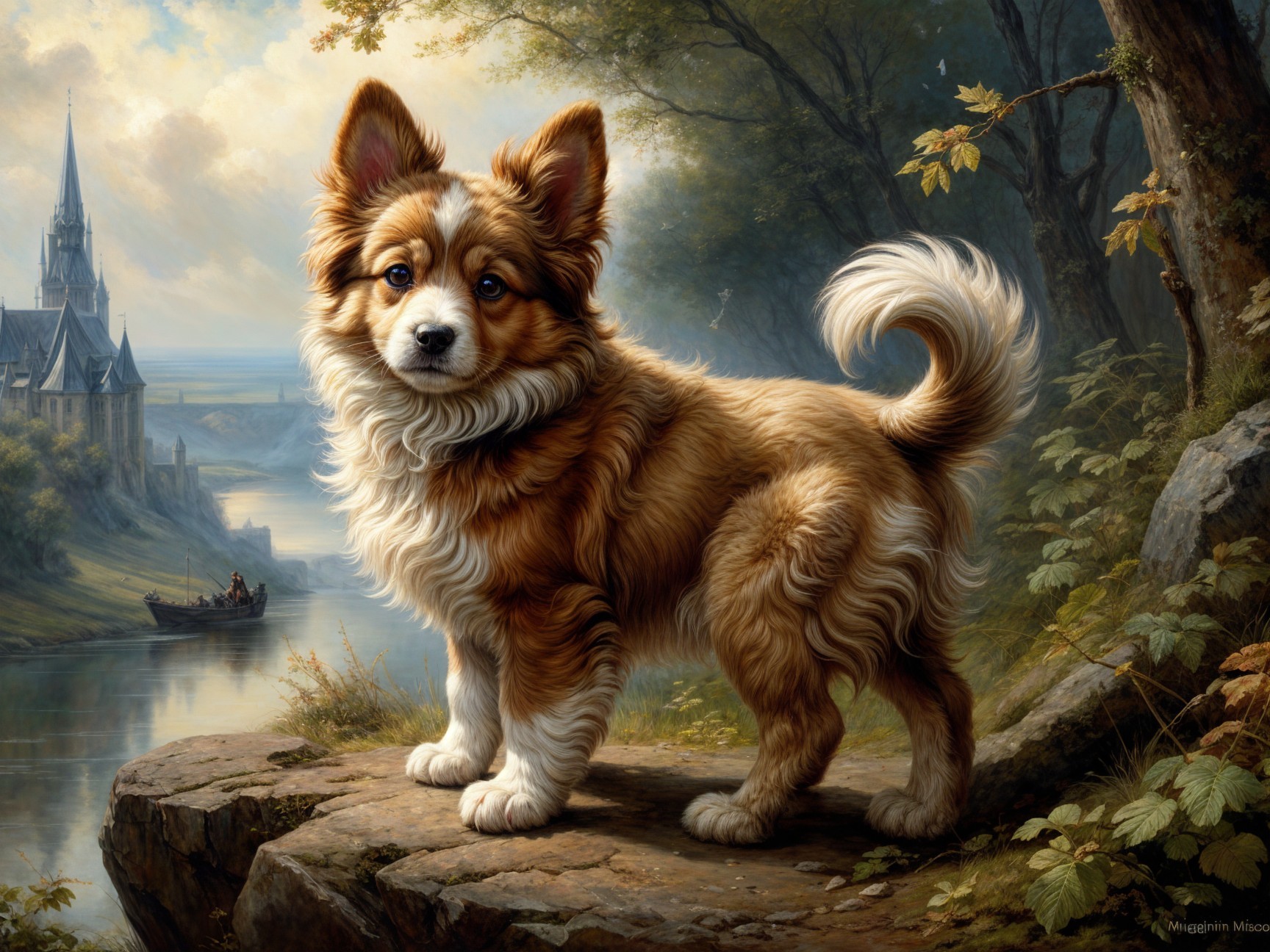 Fluffy Orange and White Dog by Serene River and Castle