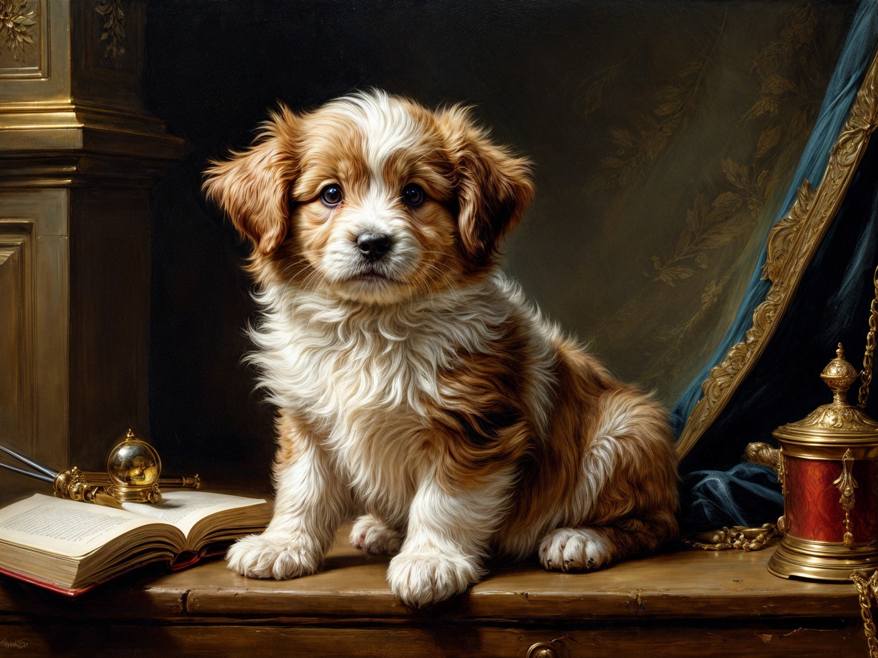 Fluffy Puppy with Blue Eyes on Wooden Table Setting
