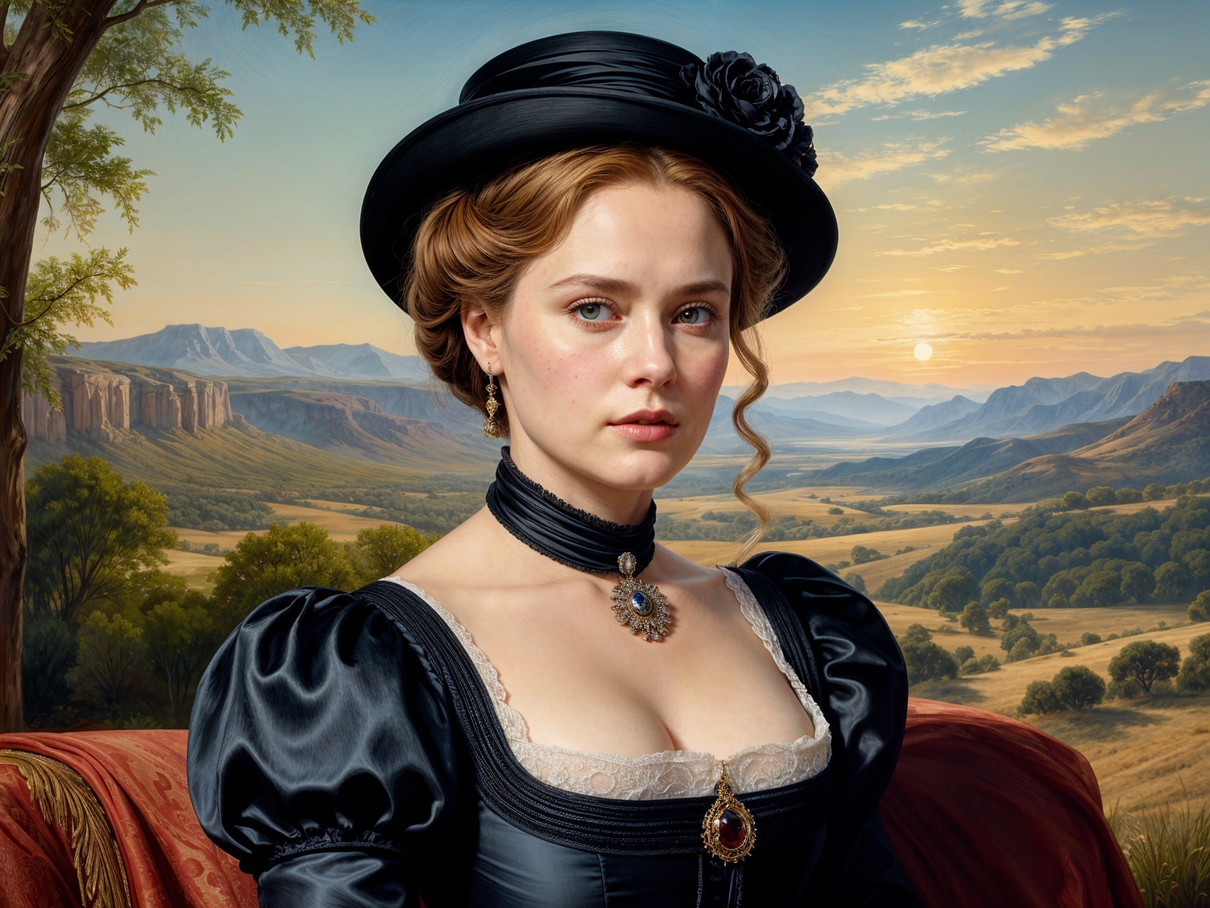 Elegant Woman in Black Dress Against Sunset Landscape