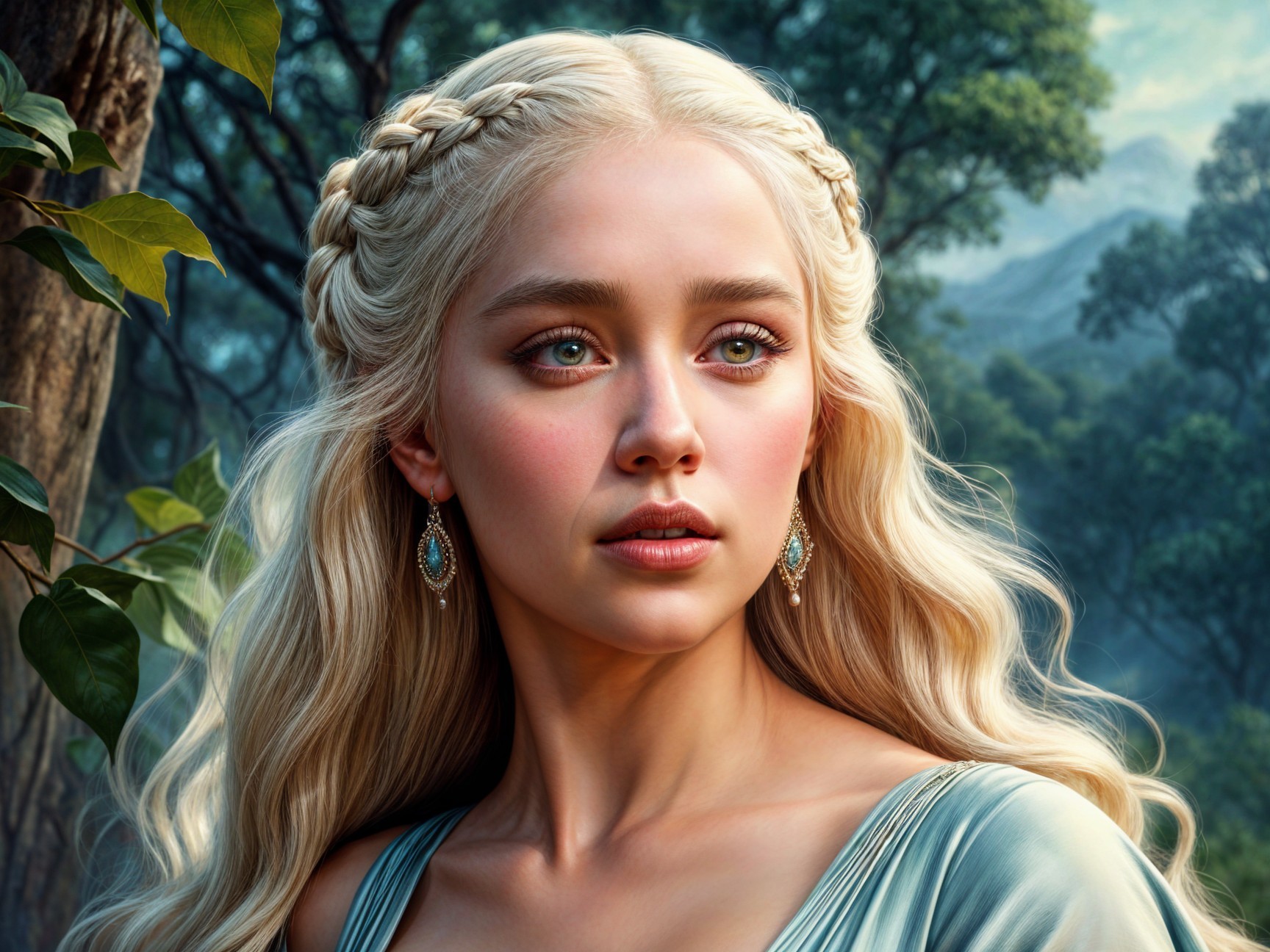 Young woman with blonde hair in a serene landscape