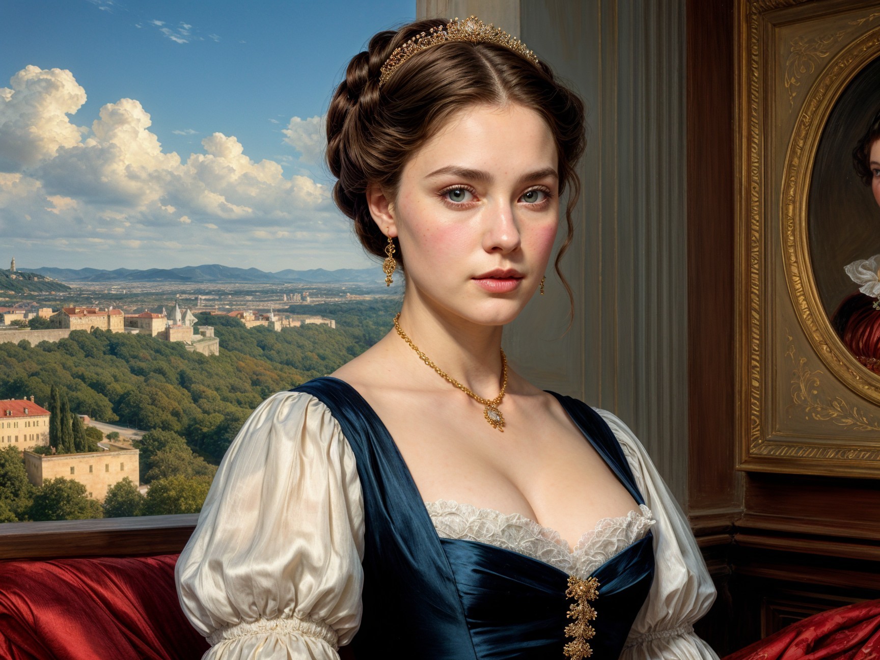 Aristocratic Woman in Elegant Room with Scenic Background